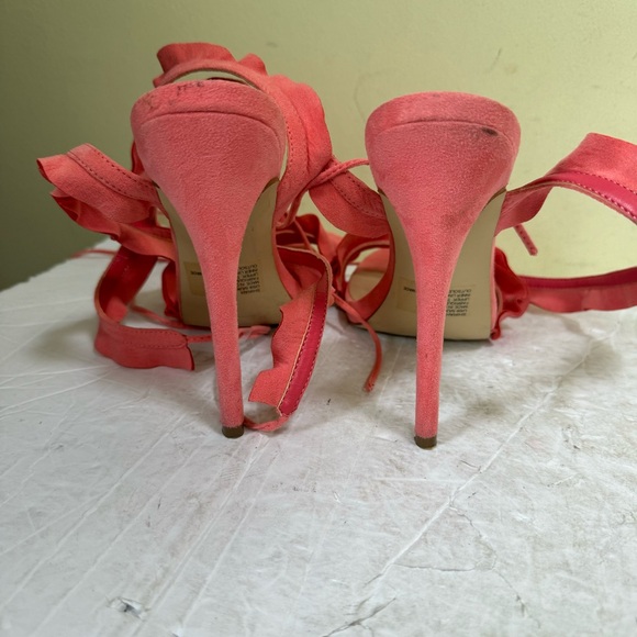 ShoeDazzle Shirah Ruffle Lace Up Heels Coral Pink Sandals Strap Adjustable Shoes - Picture 12 of 16